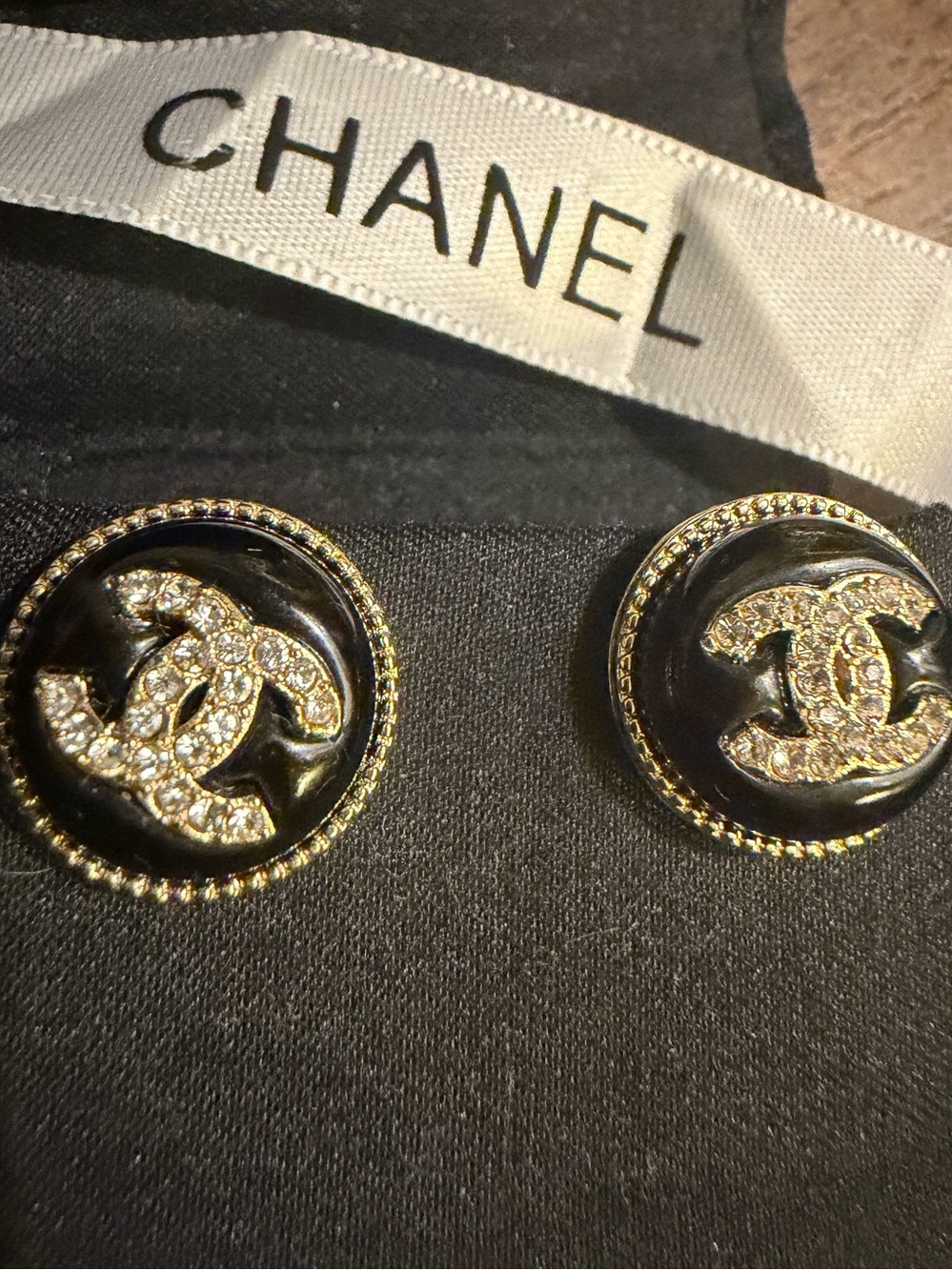 CHANEL Black and Gold CC Crystal Button Earrings